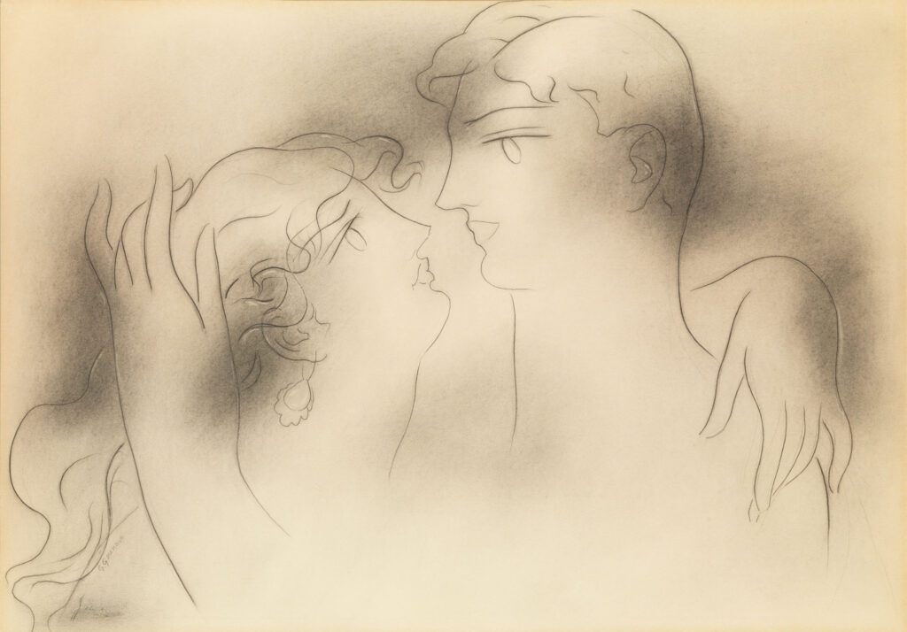 Λεζάντα φωτογραφίας Γιώργος Γουναρόπουλος, Ειδύλλιο, π. 1950, μολύβι και κάρβουνο σε χαρτί, 50 x 70 εκ.