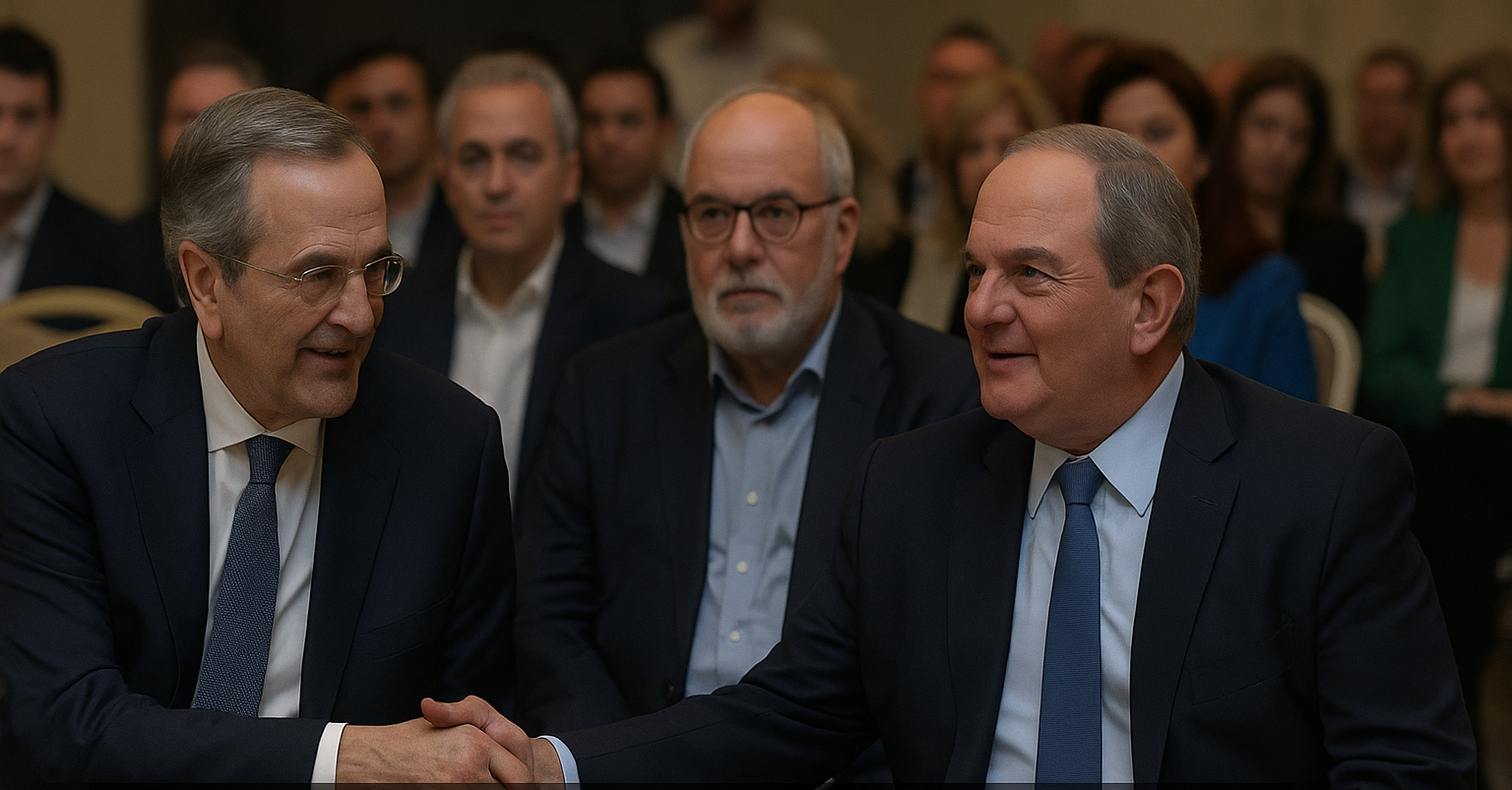 φορτισμένη πολιτικά συνύπαρξη. Ο Αντώνης Σαμαράς και ο Κώστας Καραμανλής ξανά μαζί, στην παρουσίαση του νέου βιβλίου του Σταύρου Λυγερού